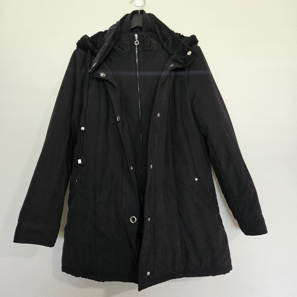 Breckenridge Womens XL Black Hooded Winter Parka Coat Faux Fur Lined Insulated